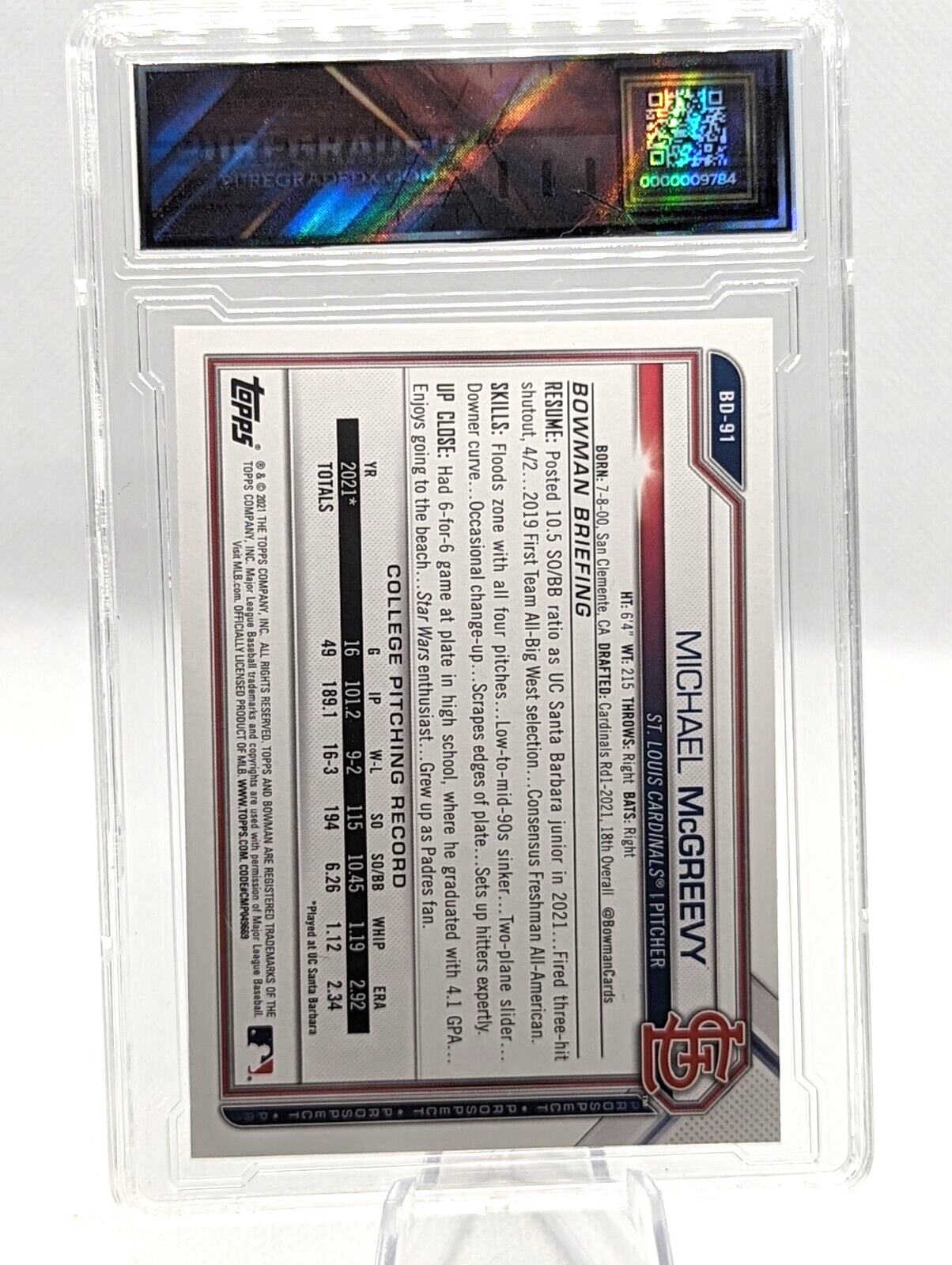 Michael McGreevy #BD-91 2021 Bowman Draft 1st Bowman Graded 9