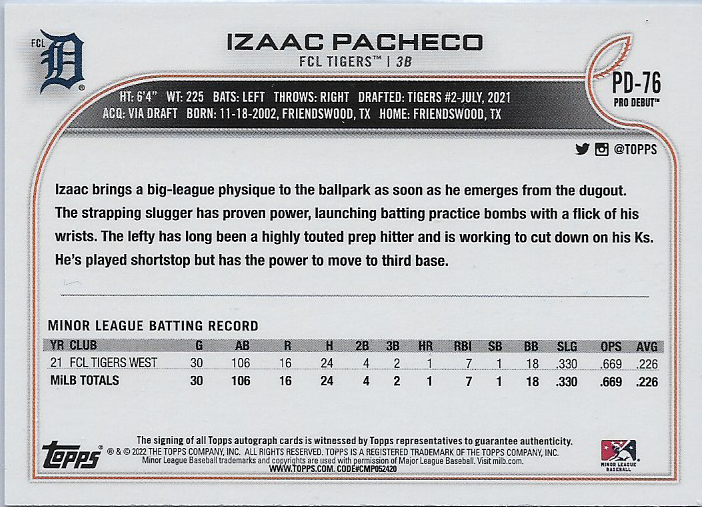 Izaac Pacheco #PD-76 2022 Topps Pro Debut Base Auto Autograph Rookie RC TIGERS