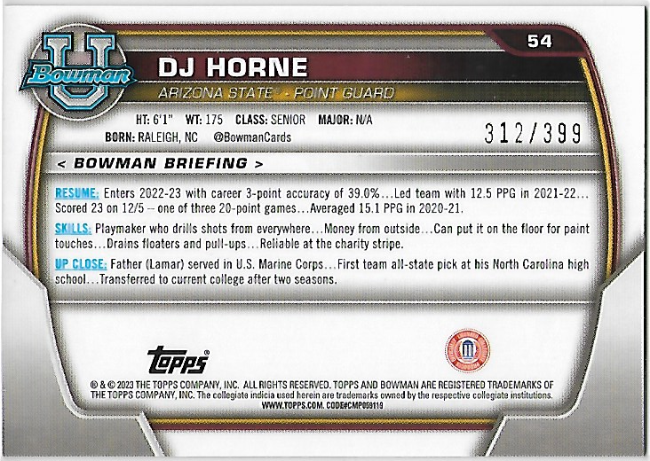 DJ Horne Purple Mini Diamond #54 2022 Bowman Chrome University 1st Bowman /399