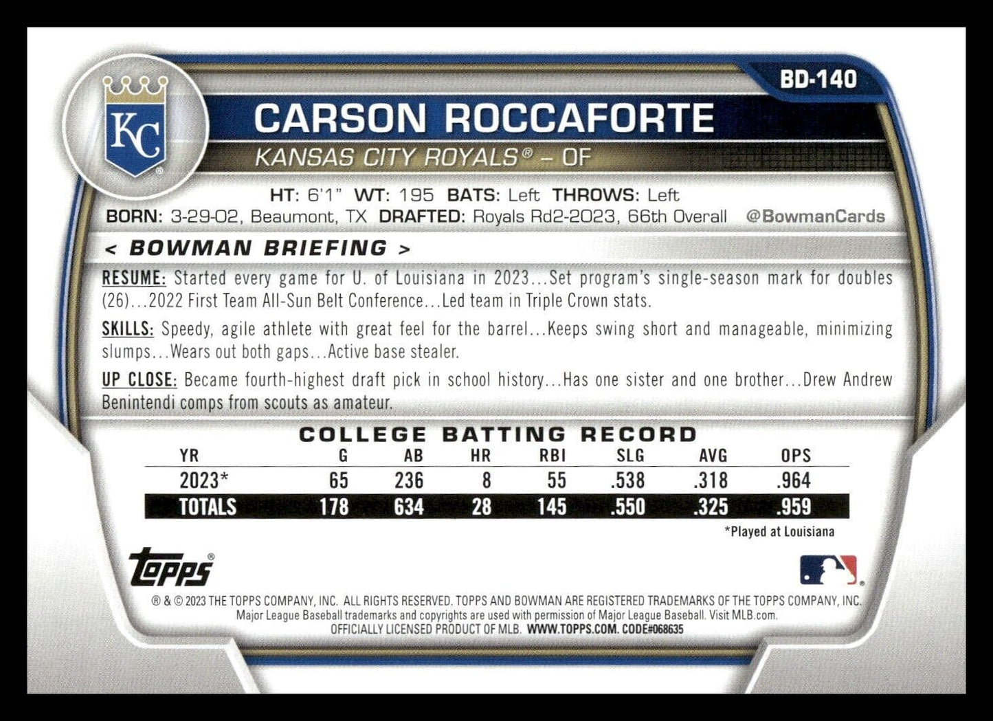 2023 Bowman Draft #BD-140 Carson Roccaforte Kansas City Royals 1st Baseball Card