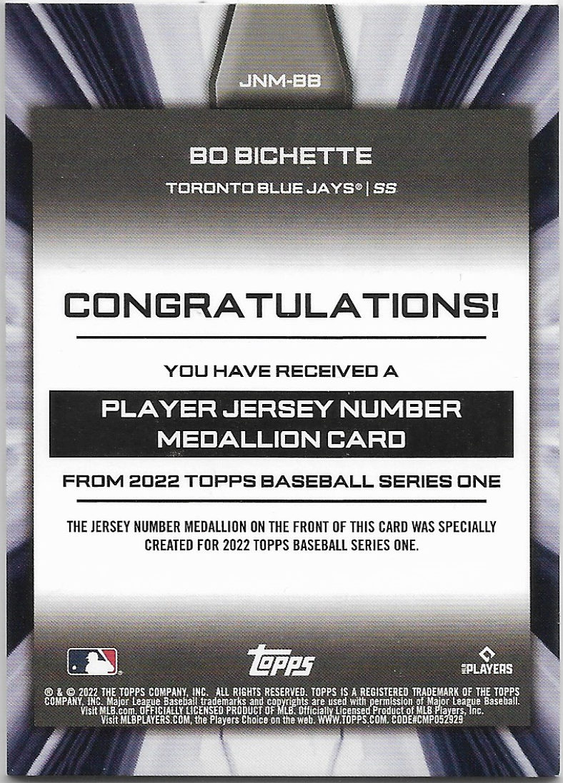 Bo Bichette #JNM-BB 2022 Topps Player Jersey Number Medallion Relics Blue Jays