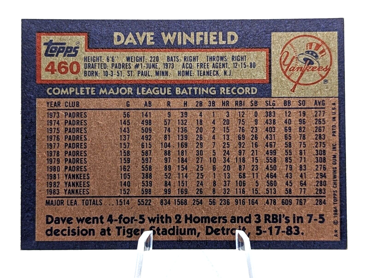 Dave Winfield #460 1984 Topps NY Yankees
