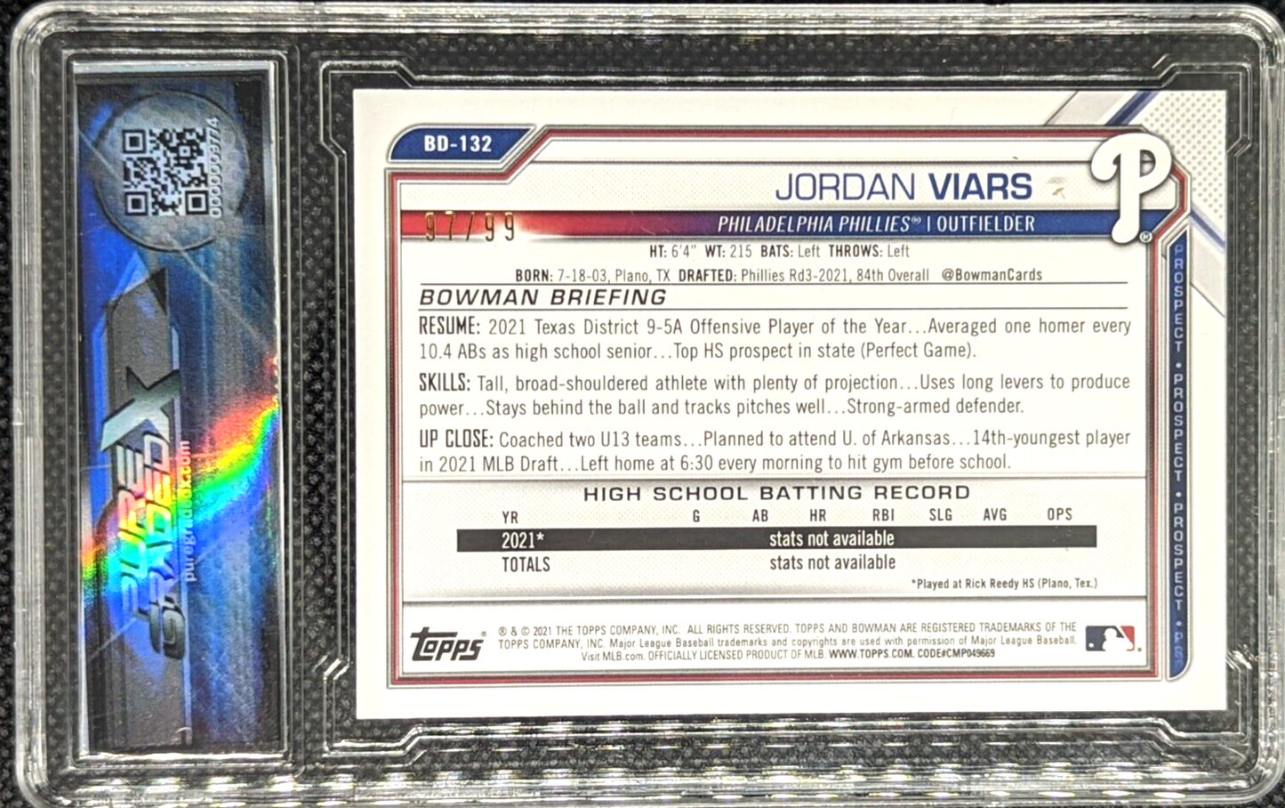 Jordan Viars #BD-132 2021 Bowman Draft 1st Bowman Green /99 - 9.5 Mint+