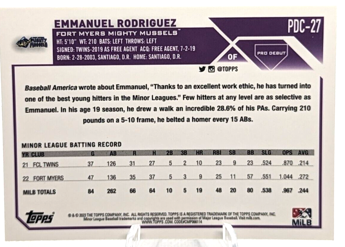 Emmanuel Rodriguez - 2023 Pro Debut Chrome Base #PDC-27 Ft Myers Mighty Mussels