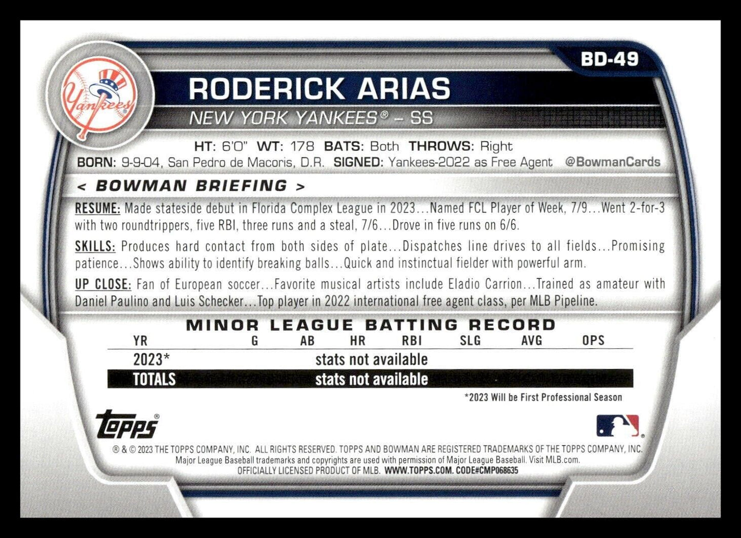 2023 Bowman Draft #BD-49 Roderick Arias New York Yankees Baseball Card