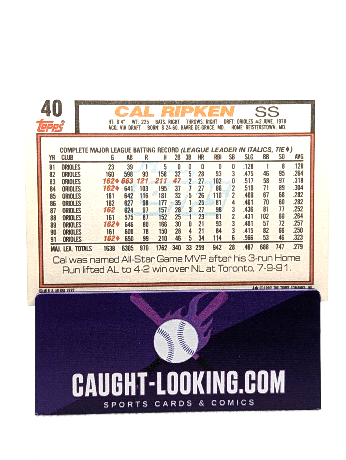 1992 Topps - #40 Cal Ripken Baltimore Orioles