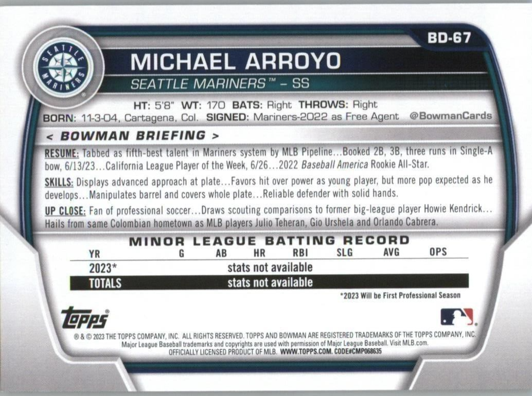 Michael Arroyo 2023 Bowman Draft BD-67 Seattle Mariners Prospect
