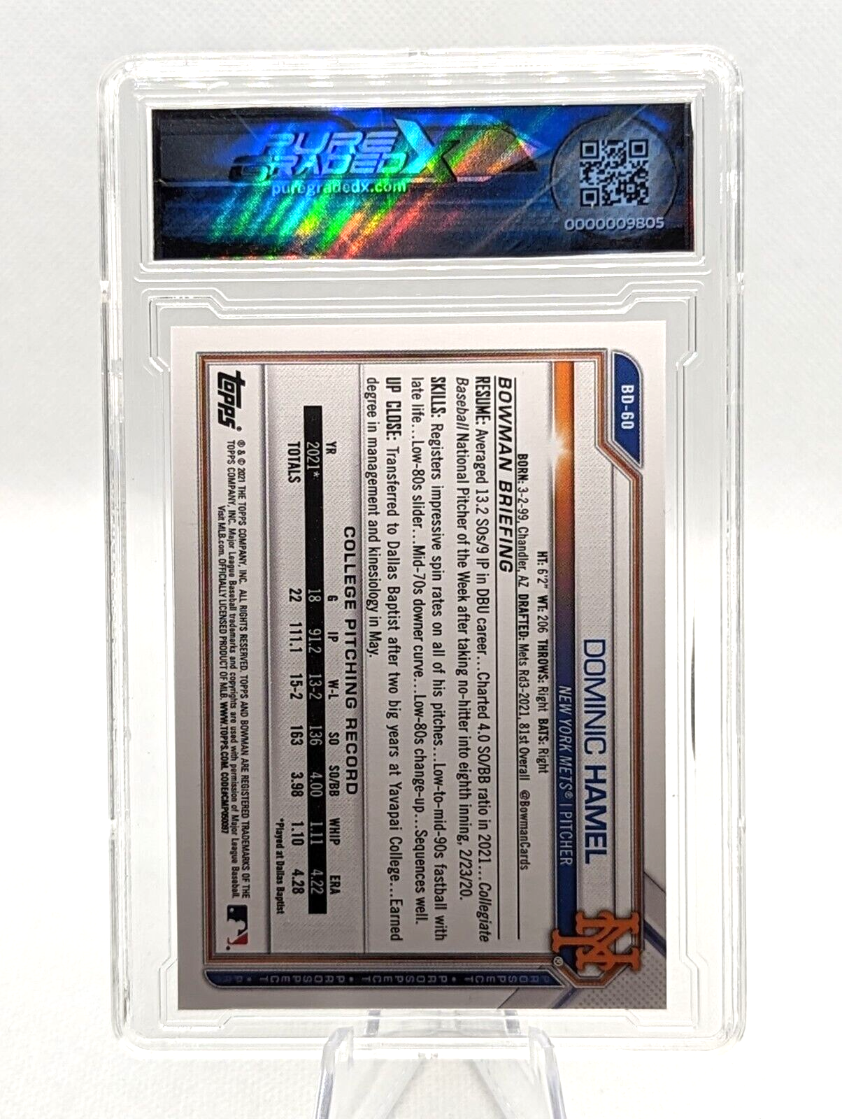 Dominic Hamel #BD-60 2021 Bowman Draft 1st Edition - Graded 9.5