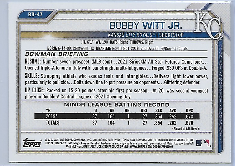 Bobby Witt JR #BD-47 - 2021 Bowman Draft 1st Edition - 1st Round Draft 2019 - KC