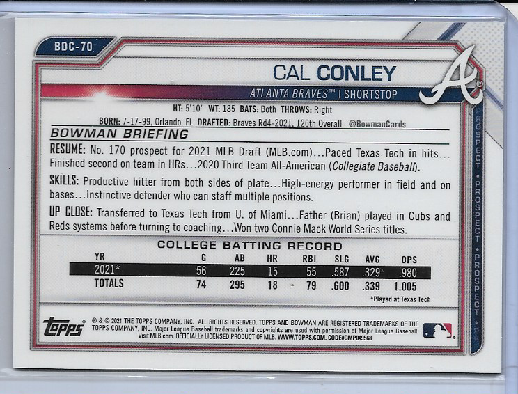 Cal Conley #BDC-70 - 2021 Bowman Draft Chrome 1st Bowman Purple #205/250