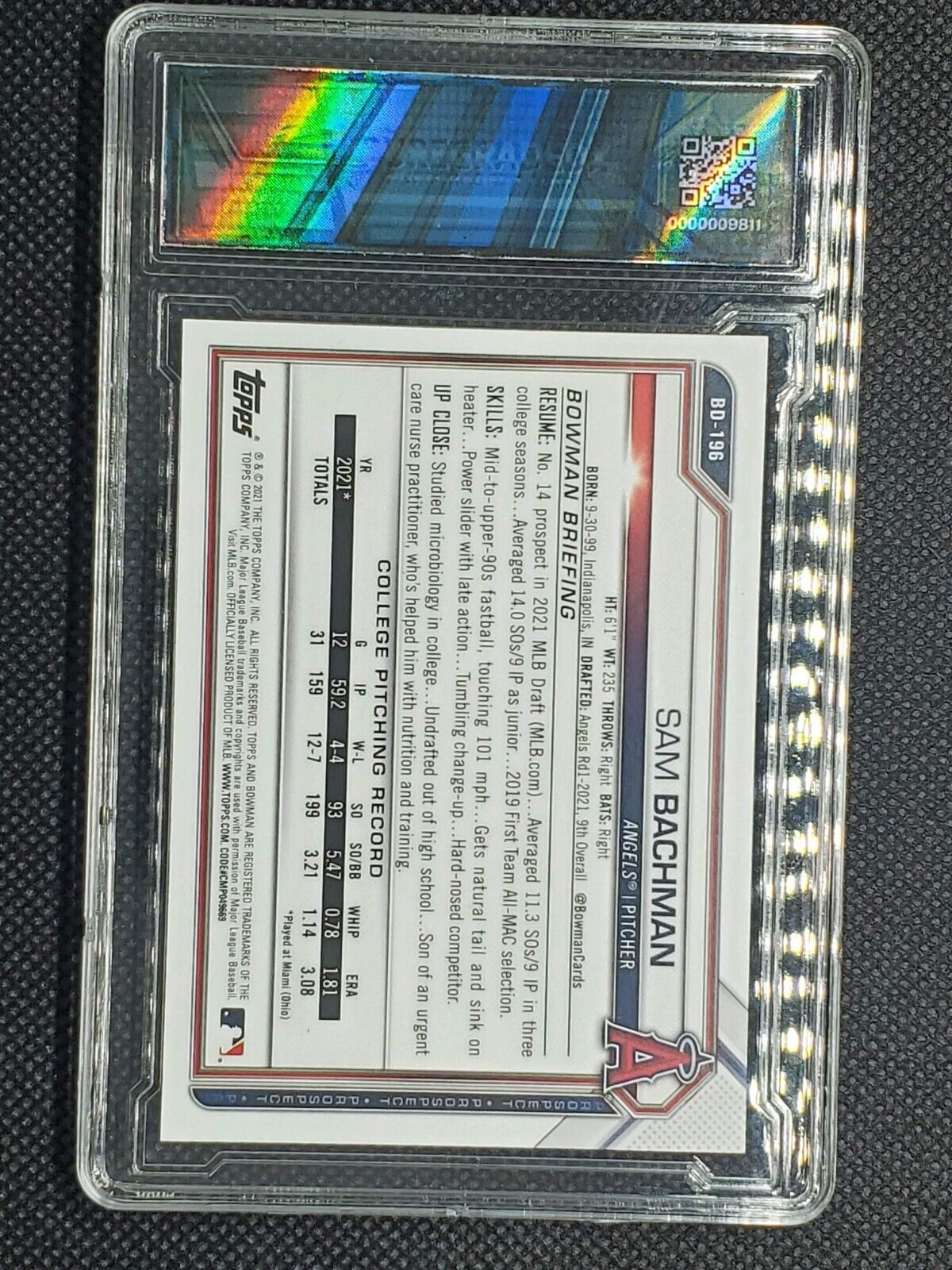 Sam Bachman #BD-196 2021 Bowman Draft 1st Prospect Graded 10