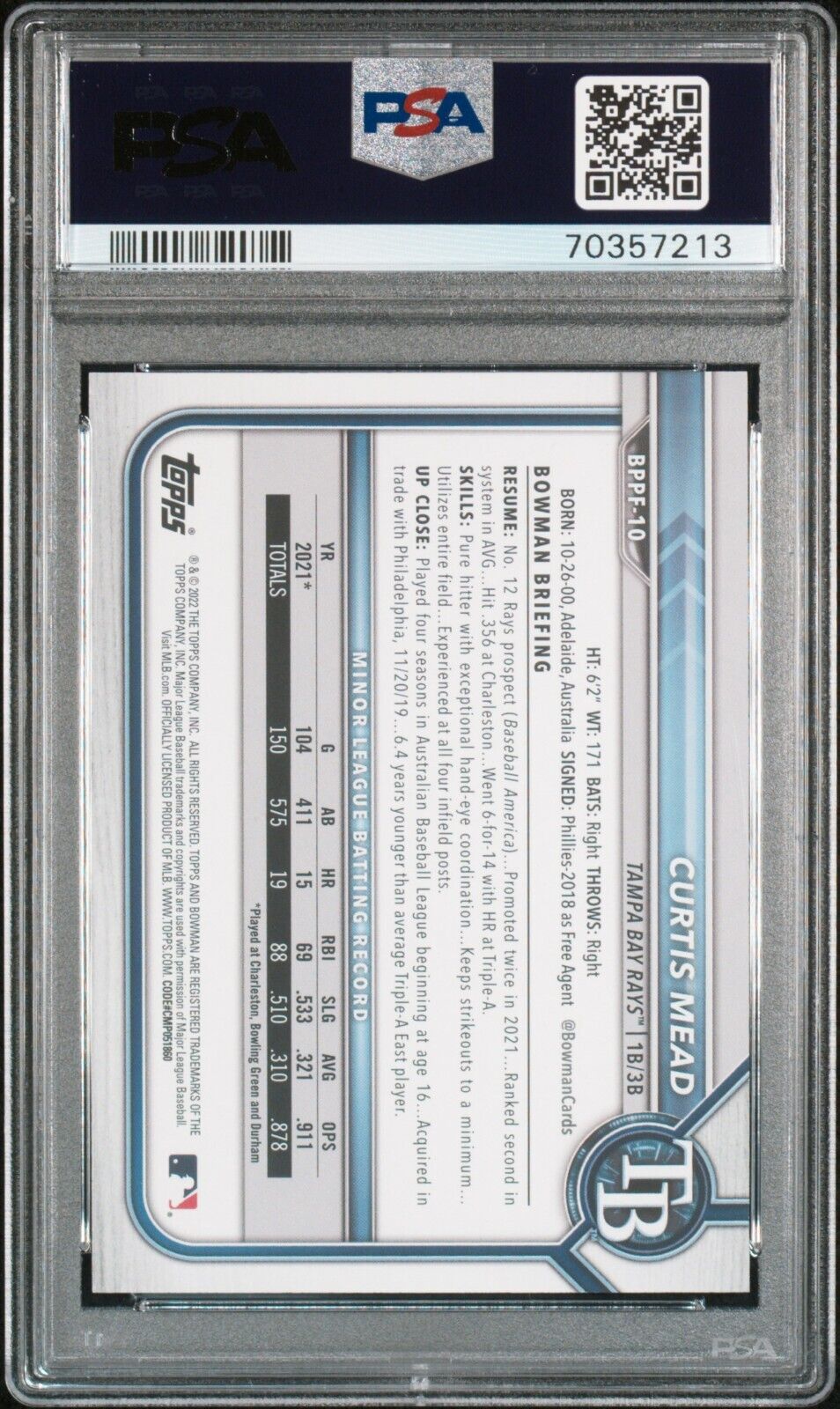 Curtis Mead PSA 10 2022 Bowman 1st Edition Sky Blue Foil #BPPF10