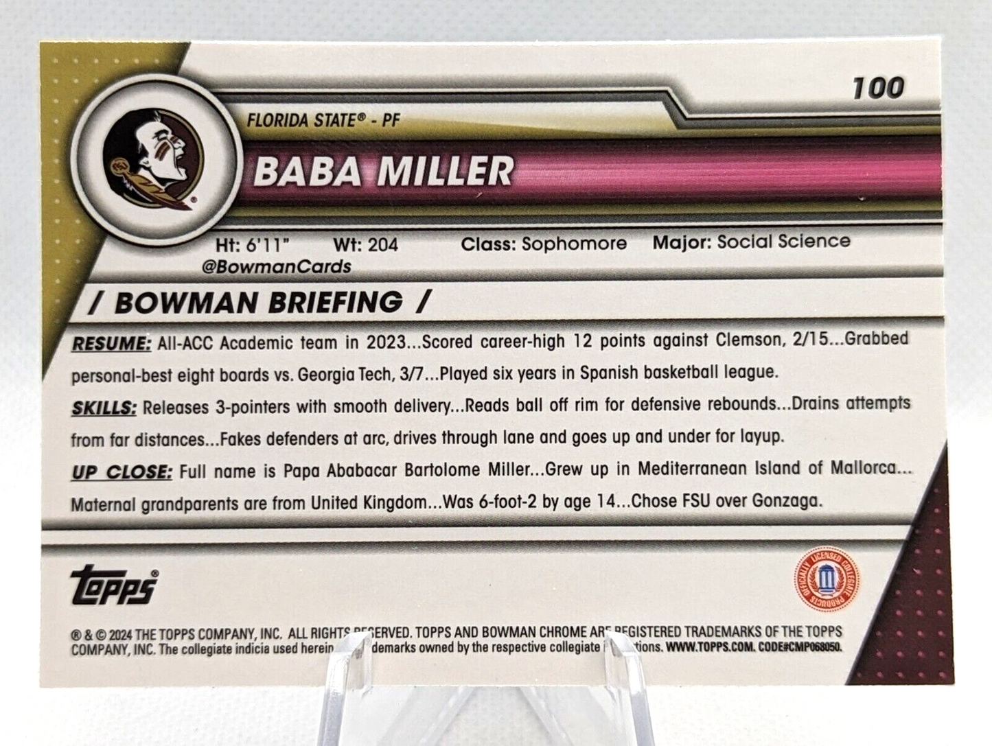 2023-24 Bowman Chrome U Sapphire Baba Miller #100 Florida State 1st