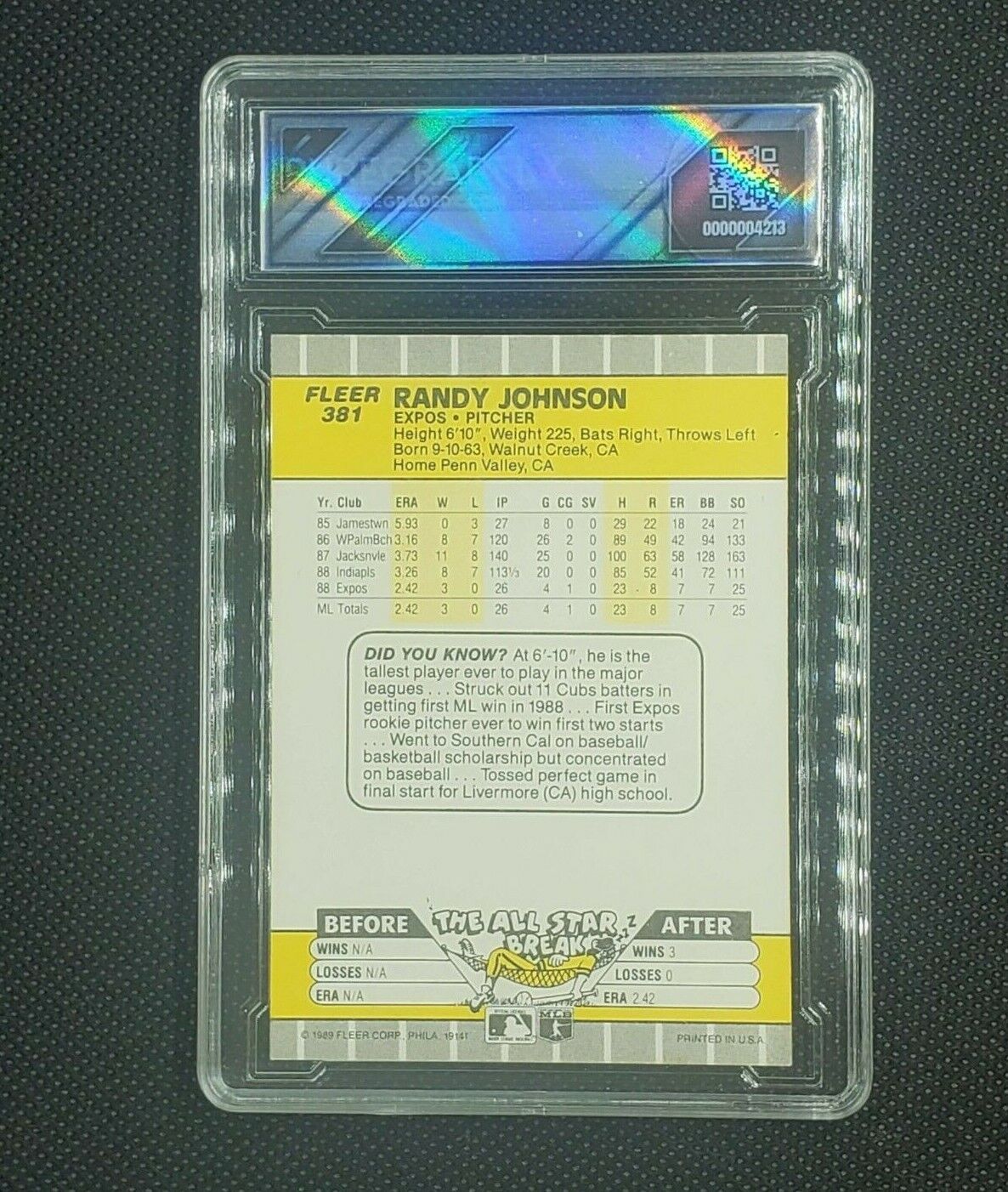 Randy Johnson- 1989 Fleer Rookie Card #381 - Ad Completely Blacked Out - 9 MINT