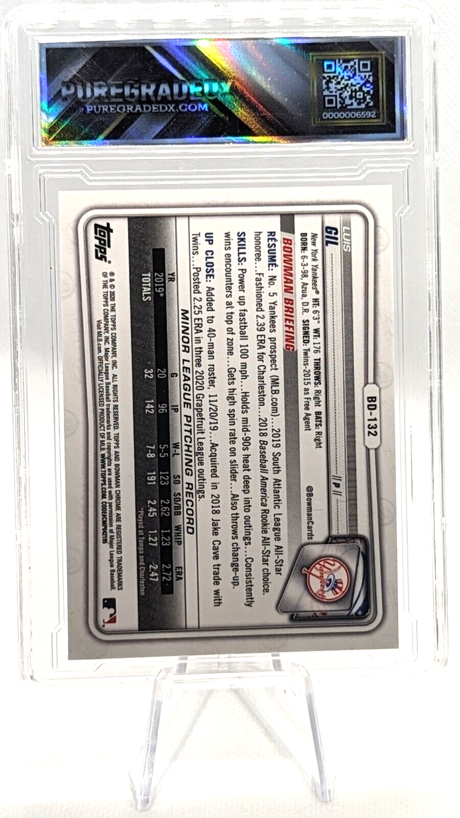 Luis Gil Chrome #BD-132 2020 Bowman Draft NY Yankees Graded 9