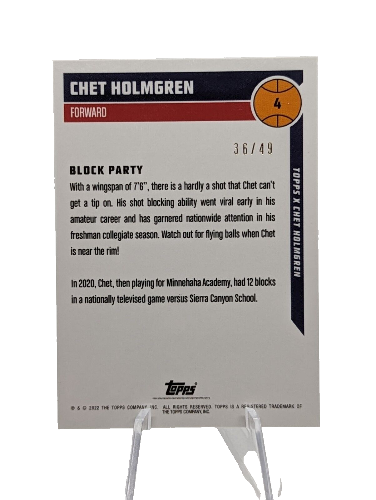 2022 Topps x Chet Holmgren #4 Block Party Bulldog Parallel /49