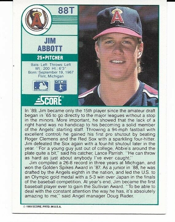 Jim Abbott #88T 1989 Score Traded Rookie Card RC - 5 Card Lot