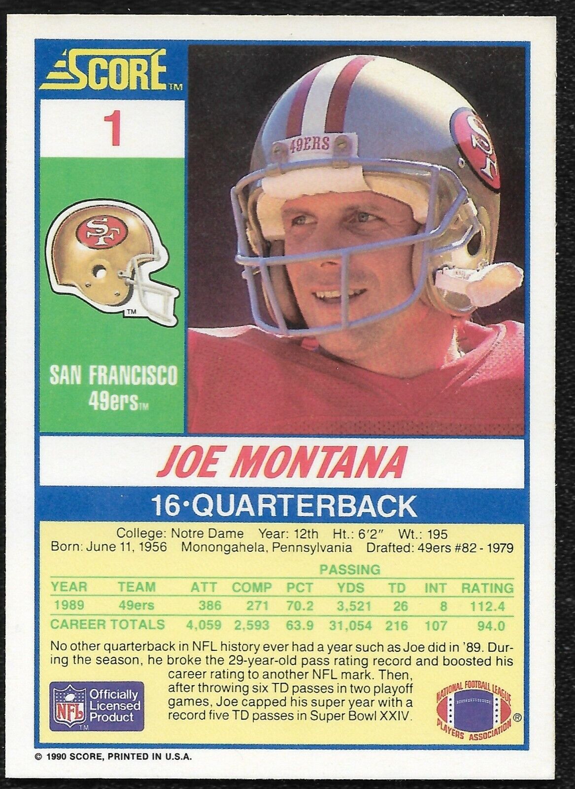 Joe Montana #1 1990 Score San Francisco 49ers
