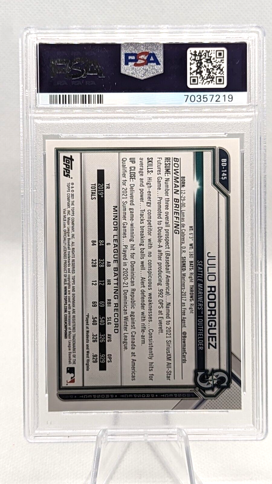 Julio Rodriguez #BD-145 PSA 9 2021 Bowman Draft Rookie Card RC