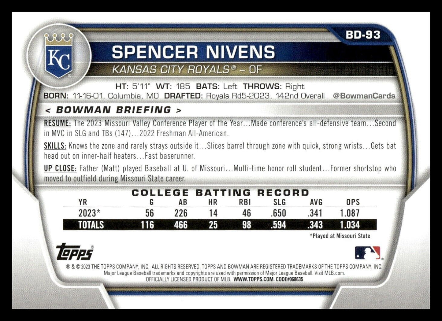 2023 Bowman Draft 1st #BD-93 Spencer Nivens Kansas City Royals Baseball Card