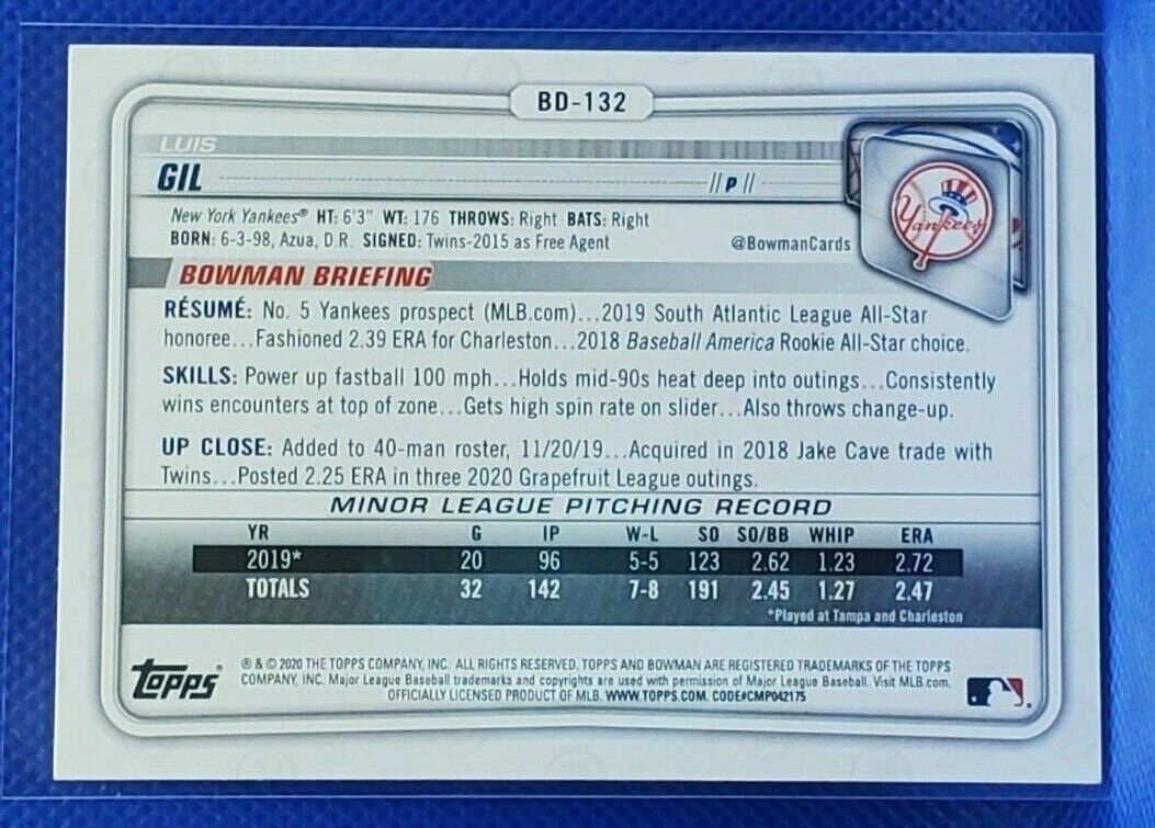 Luis Gil #BD-132 - 2020 Bowman Draft Yankees Prospect
