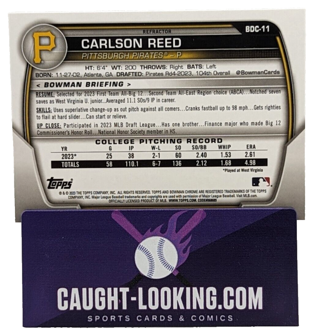Carlson Reed - 2023 Bowman Draft Chrome Refractor #BDC-11 Pirates Prospect 1st
