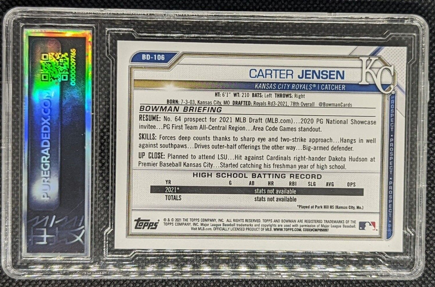 Carter Jensen #BD-106 2021 Bowman Draft 1st Edition Royals Prospect Graded 9.5