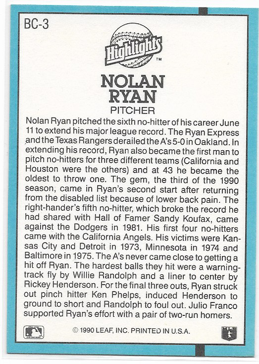 Nolan Ryan 1991 Donruss #BC-3 Highlights No-Hits A's