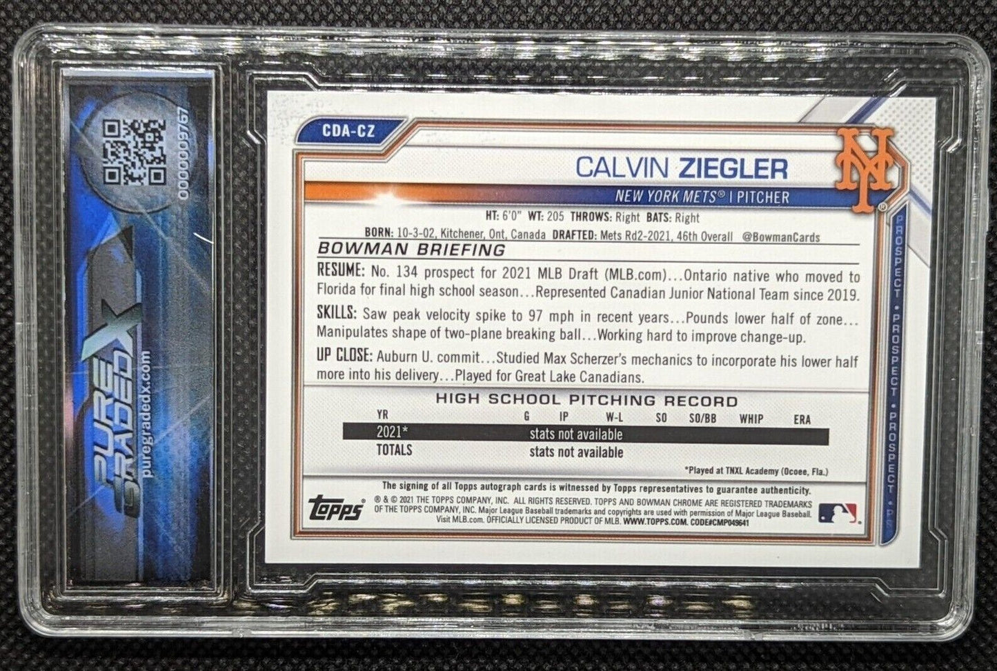 Calvin Ziegler #CDA-CZ 2021 Bowman Draft Pick Chrome Auto NY Mets Graded 9.5