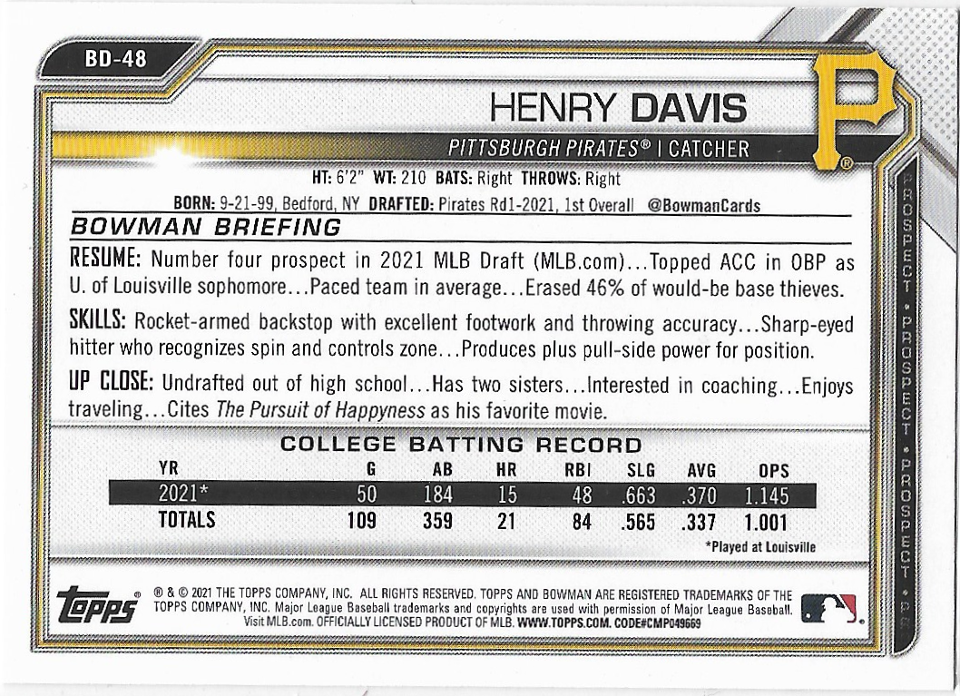 Henry Davis #BD-48 - 2021 Bowman Paper Baltimore Orioles Prospect Card