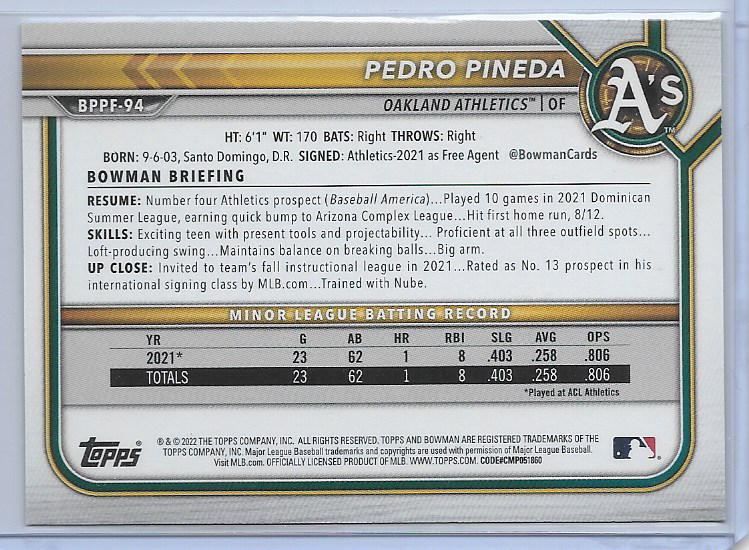 Pedro Pineda Sky Blue Foil #BPPF-94 2022 Bowman 1st Edition Oakland A’s