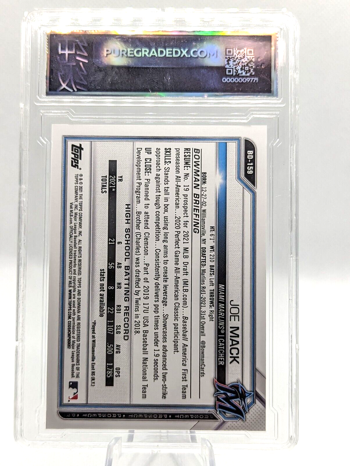 Joe Mack #BD-159 2021 Bowman Draft 1st Edition Marlins Prospect Graded 9