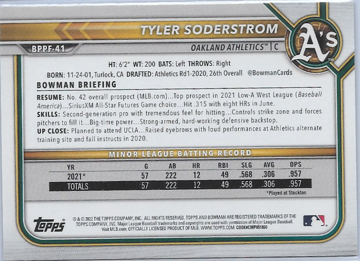 Tyler Soderstrom Sky Blue Foil #BPPF-41 2022 Bowman 1st Edition Oakland A’s