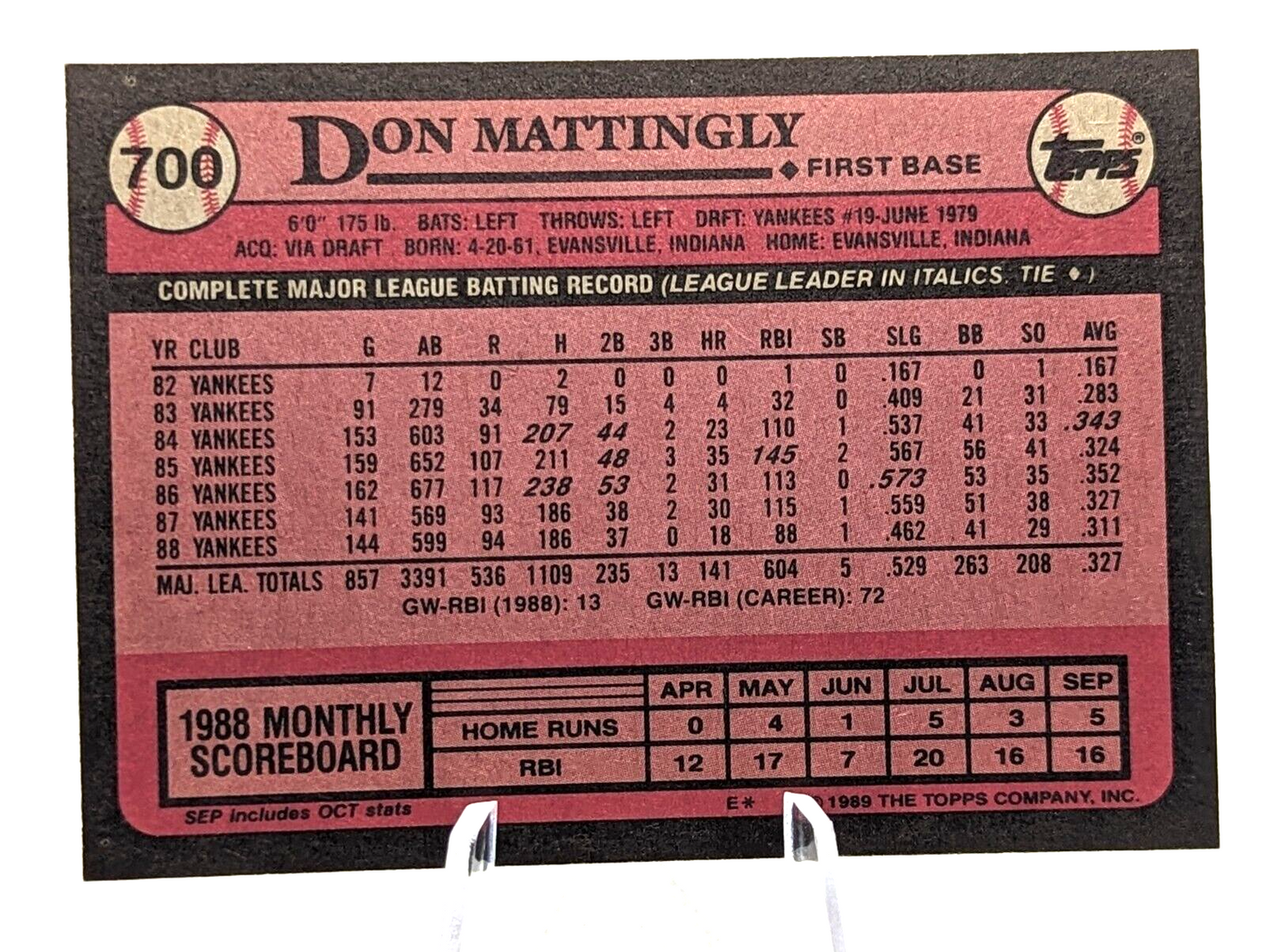 Vintage Don Mattingly 1989 Topps #700 Baseball Card - Ungraded - FREE SHIPPING!