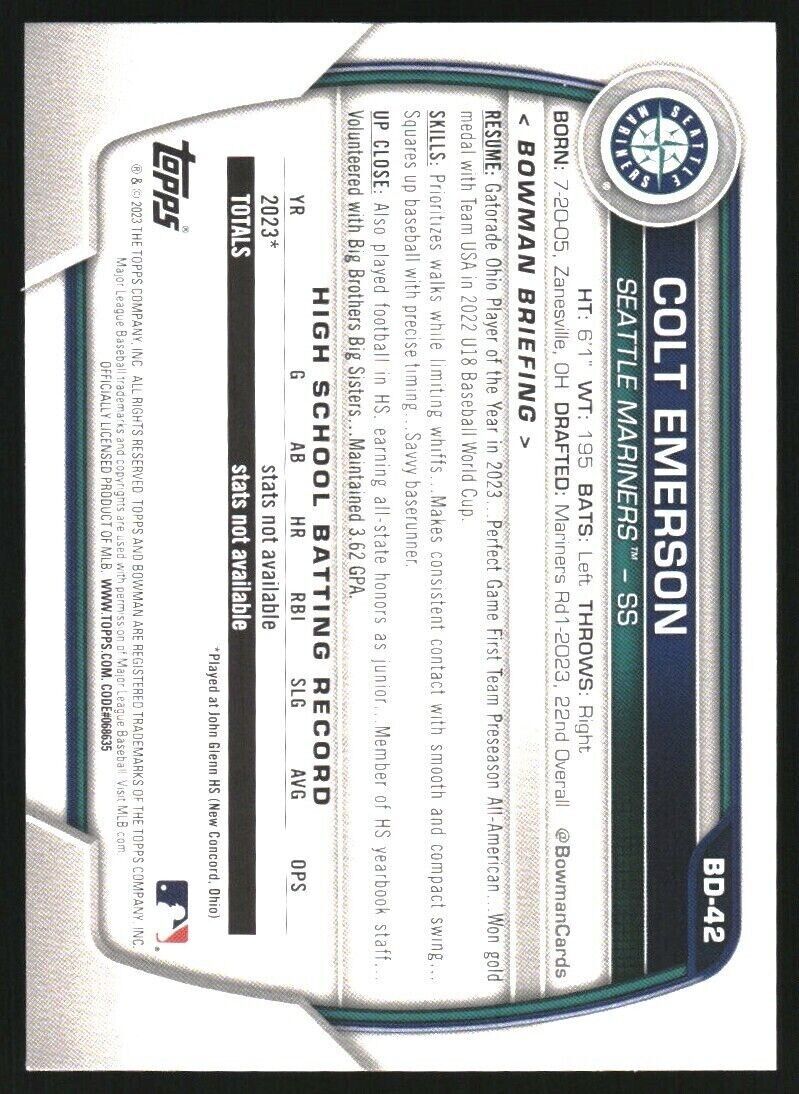 Colt Emerson 2023 Bowman Draft #BD42 Seattle Mariners Prospect 1st