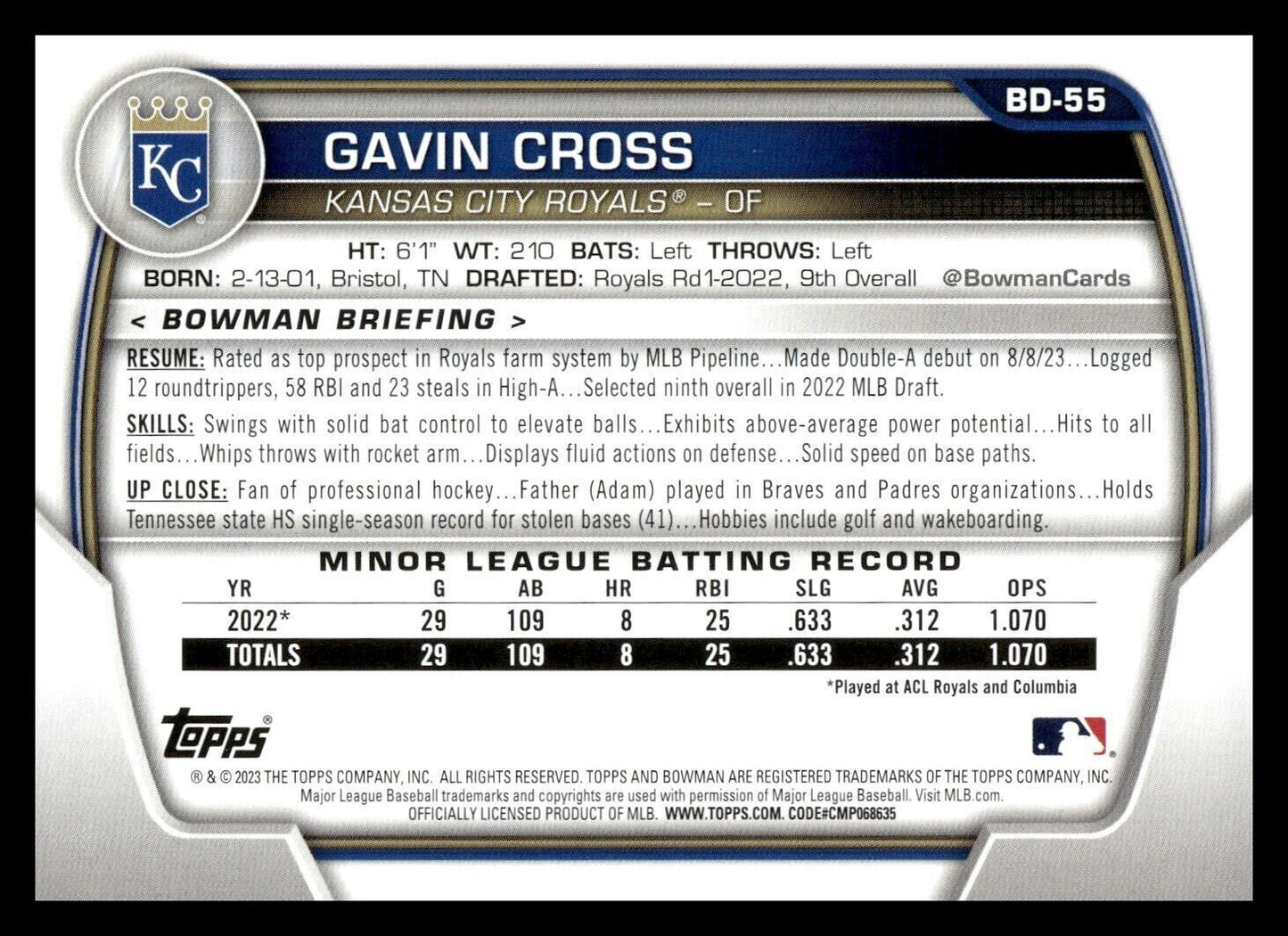 2023 Bowman Draft #BD-55 Gavin Cross Kansas City Royals Baseball Card
