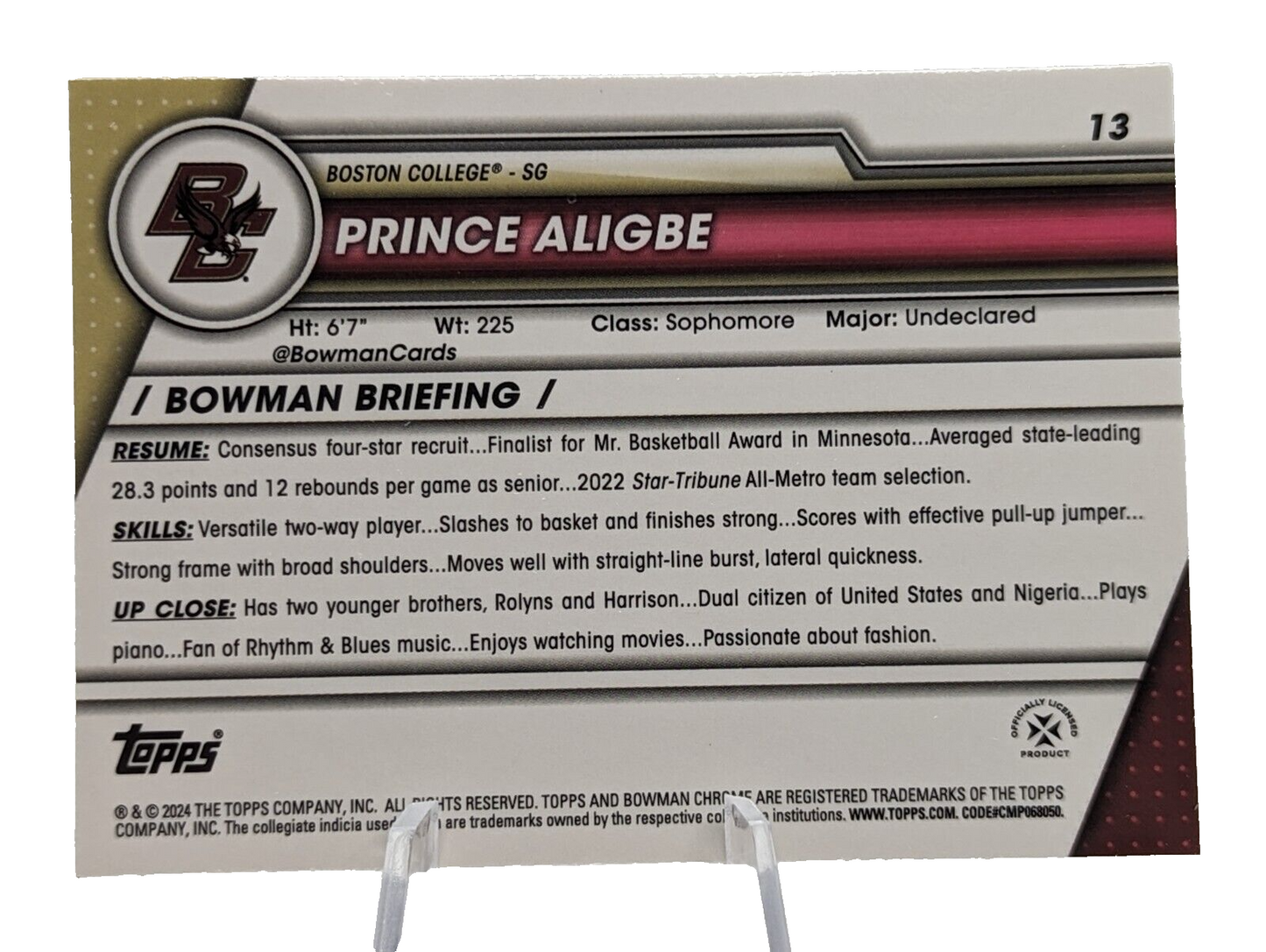 2023-24 Bowman Chrome U Sapphire Prince Aligbe #13 Boston College