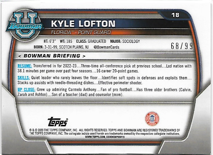 Kyle Lofton Green Shimmer #18 2022 Bowman Chrome University 1st Bowman /99