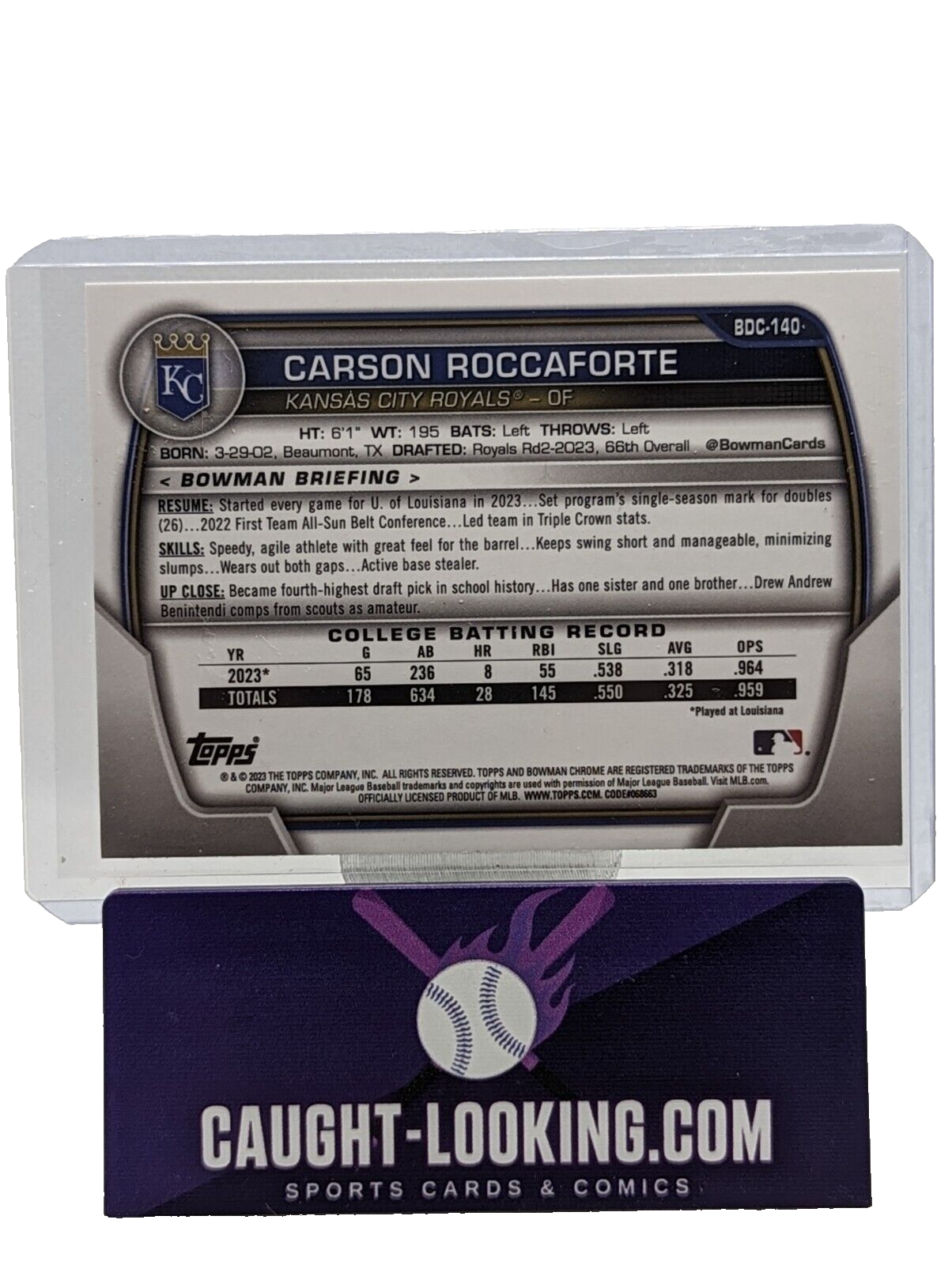 Carson Roccaforte 2023 Bowman Chrome Draft 1st Sky Blue Refractor #BDC-140