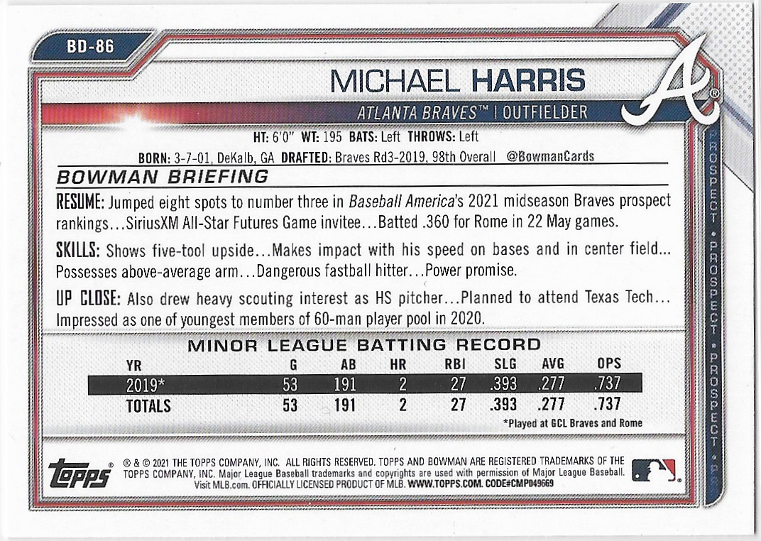Michael Harris #BD-86 2021 Bowman Draft Atlanta Braves