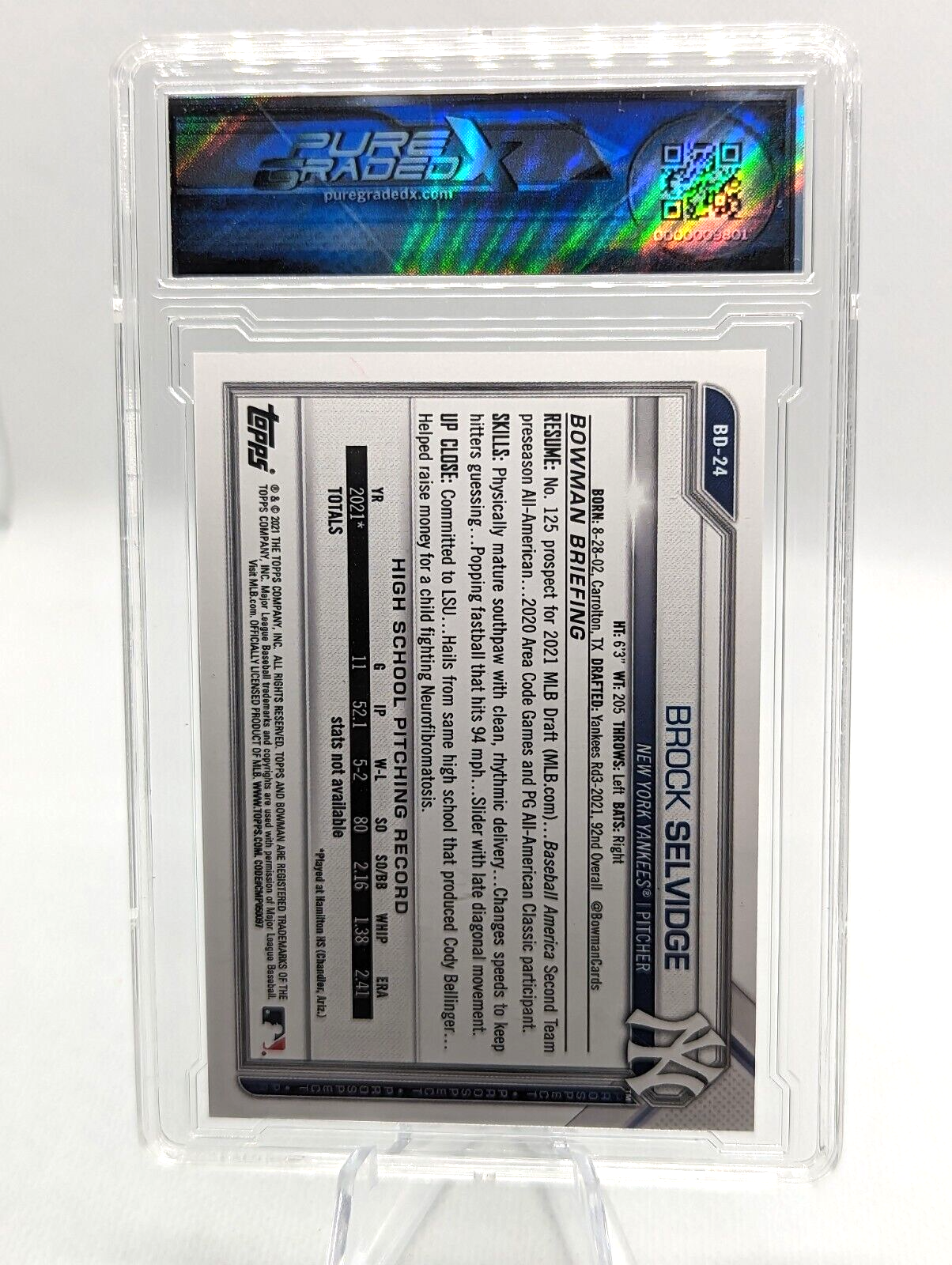 Brock Selvidge #BD-24 2021 Bowman Draft 1st Edition 1st Bowman Graded 9.5