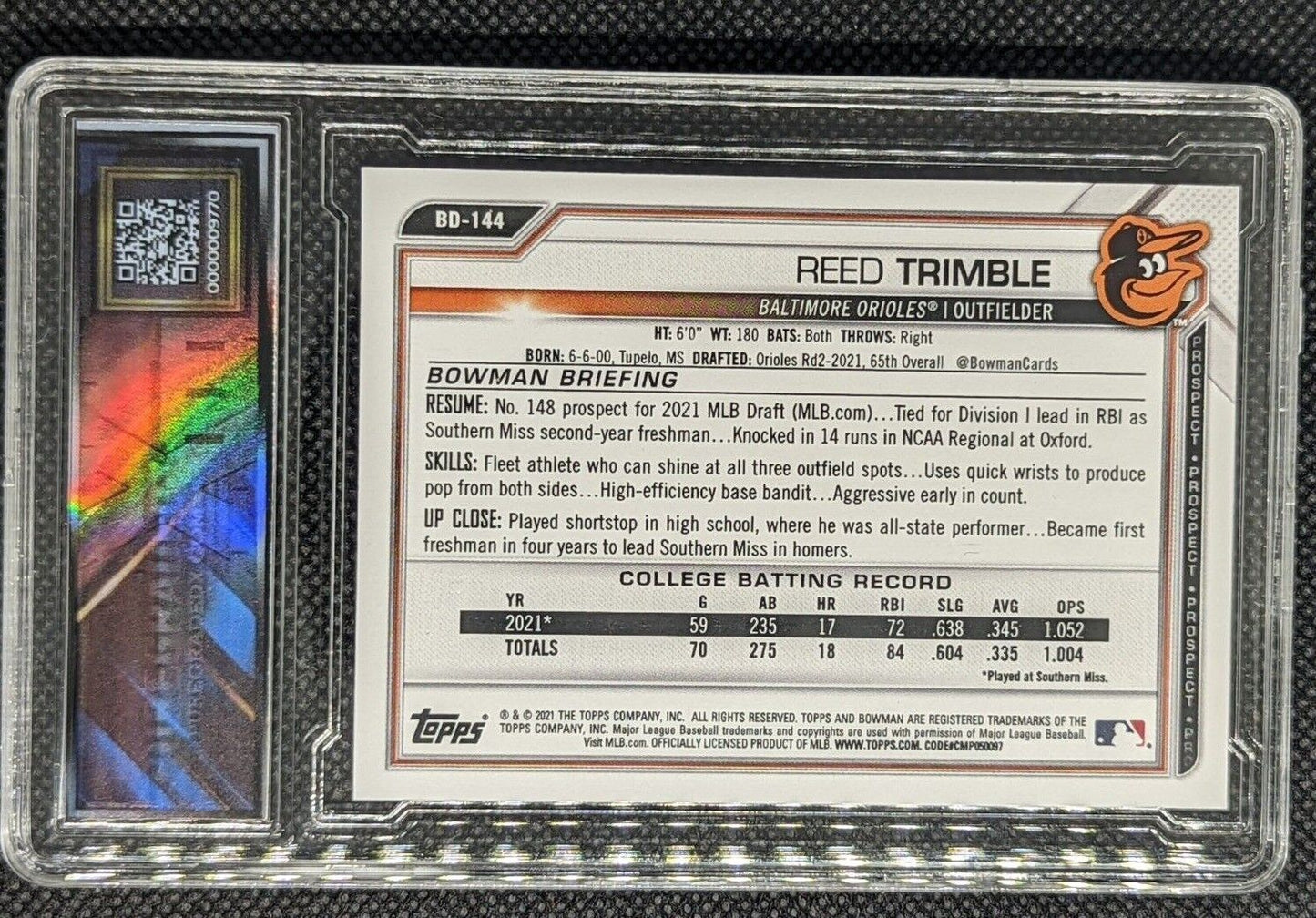 Reed Trimble #BD-144 2021 Bowman Draft 1st Edition 1st Bowman Graded 10