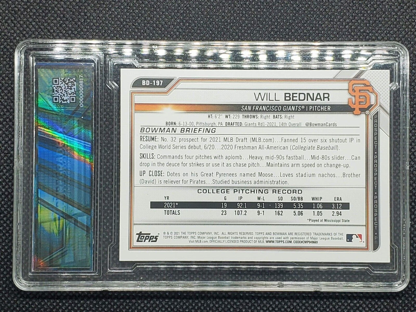 Will Bednar #BD-197 2021 Bowman Draft SF Giants 1st Bowman Graded 9