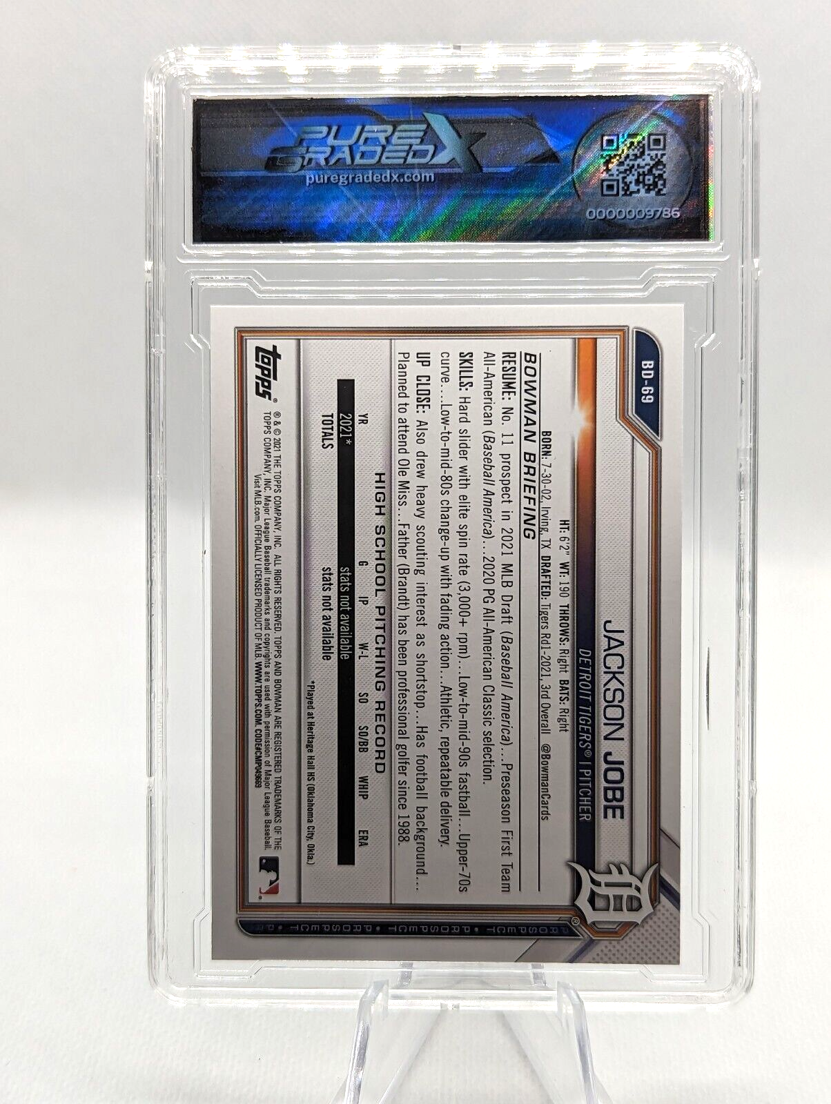 Jackson Jobe #BD-69 2021 Bowman Draft 1st Bowman Graded 9.5