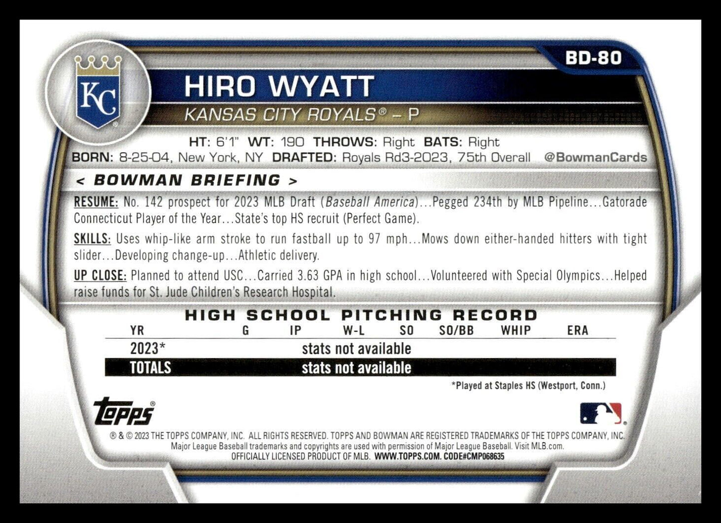 2023 Bowman Draft #BD-80 Hiro Wyatt Kansas City Royals 1st Baseball Card