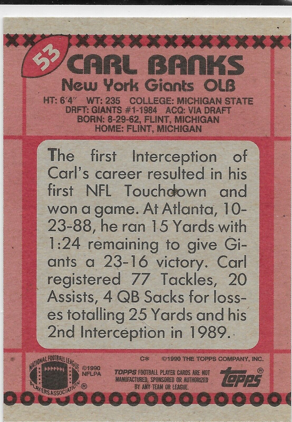Carl Banks #53 - 1990 Topps NY Giants
