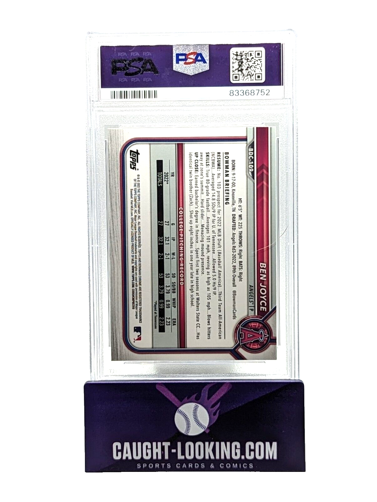 Ben Joyce #BDC-109 - PSA 9 - 2022 Bowman Draft Chrome 1st Bowman