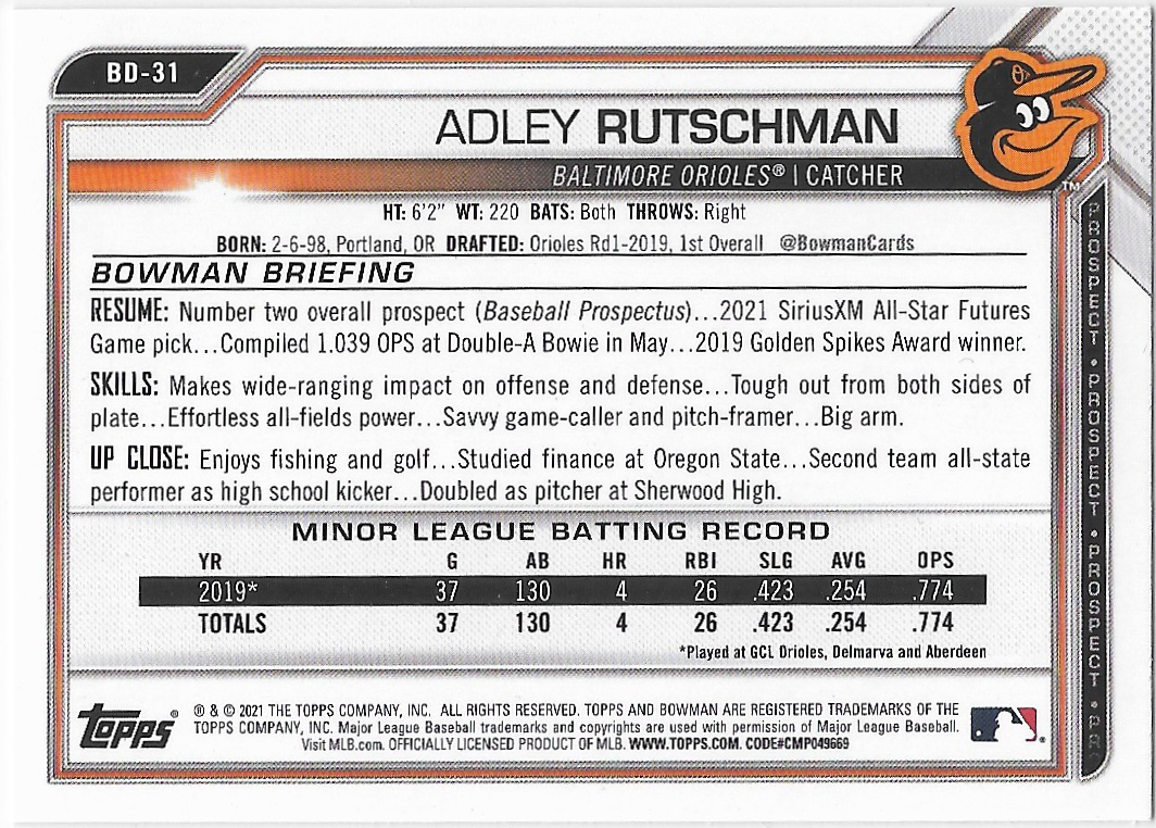 Adley Rutschman #BD-31 - 2021 Bowman Paper Baltimore Orioles