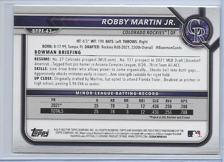 Robby Martin Jr Sky Blue Foil #BPPF-43 2022 Bowman 1st Edition Rockies