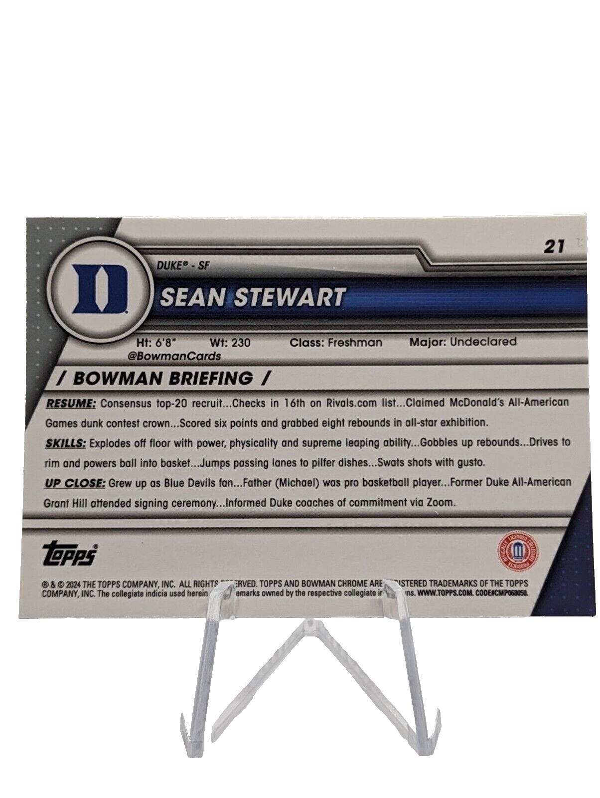 2023-24 Bowman Chrome U Sapphire Sean Stewart #21 1st Duke Blue Devils